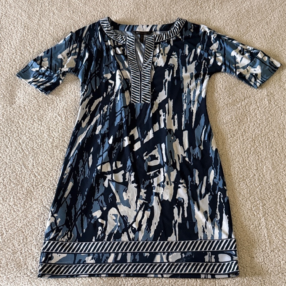BCBGMaxAzria Blue and White Abstract Midi Dress XS